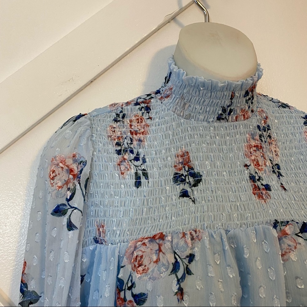 Maison d’Amelie Floral Smocked Swiss Dot High Neck Puff Sleeve Blouse Blue Sz XS - Picture 2 of 9